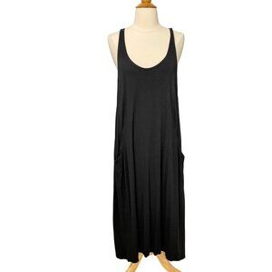 Eileen Fisher System Black Tank Midi Dress Viscose Spandex Pockets Swing Size S